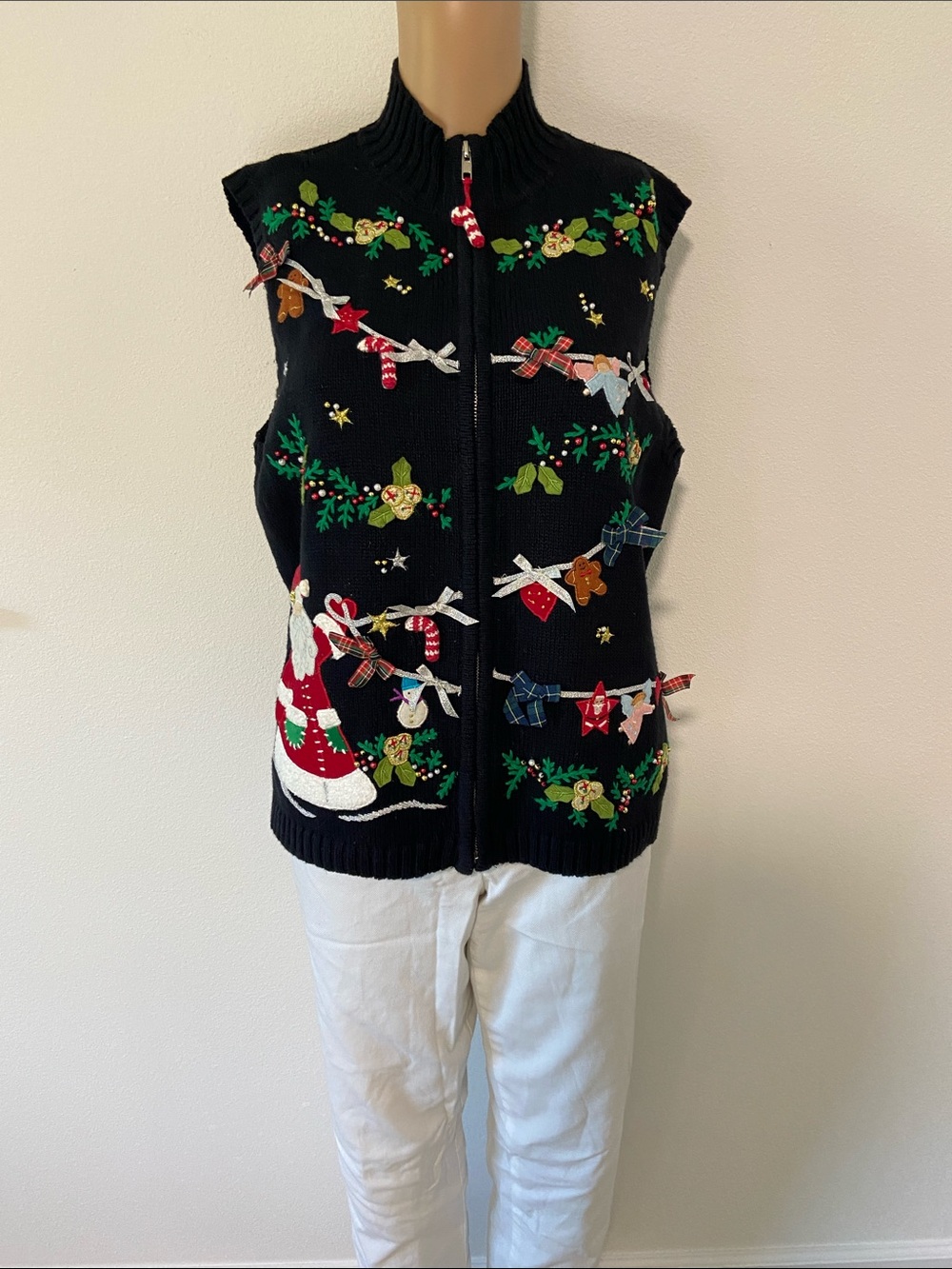 VTG Designers Originals Black Holiday Zip-Up Vest w/ Multi-Color Appliques sz L